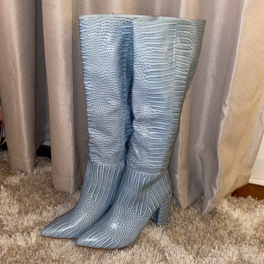 Blue Snakeskin Knee-high Boots
